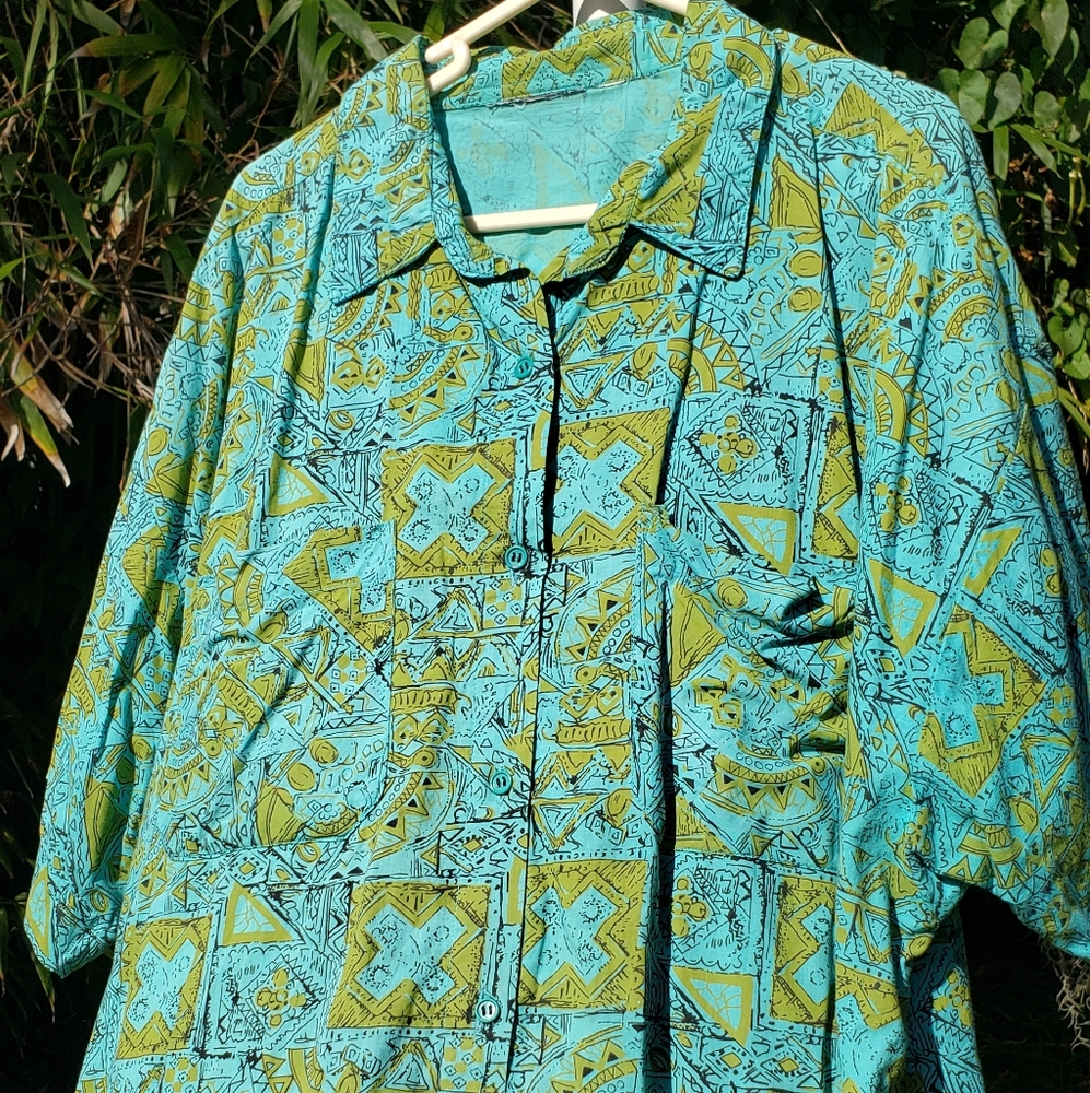 Retro Tiki Vintage Style Turquoise & Green Patterned Cotton Short Sleeve Shirt